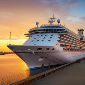 Cruise ship docked at a pier at golden hour